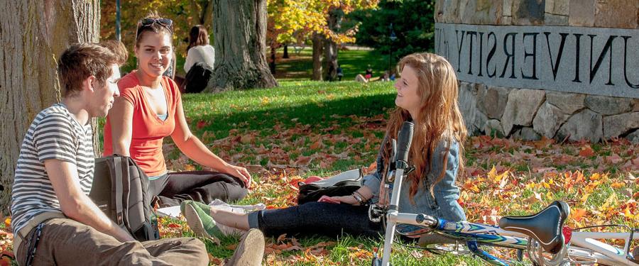 students sitting on t-hall lawn